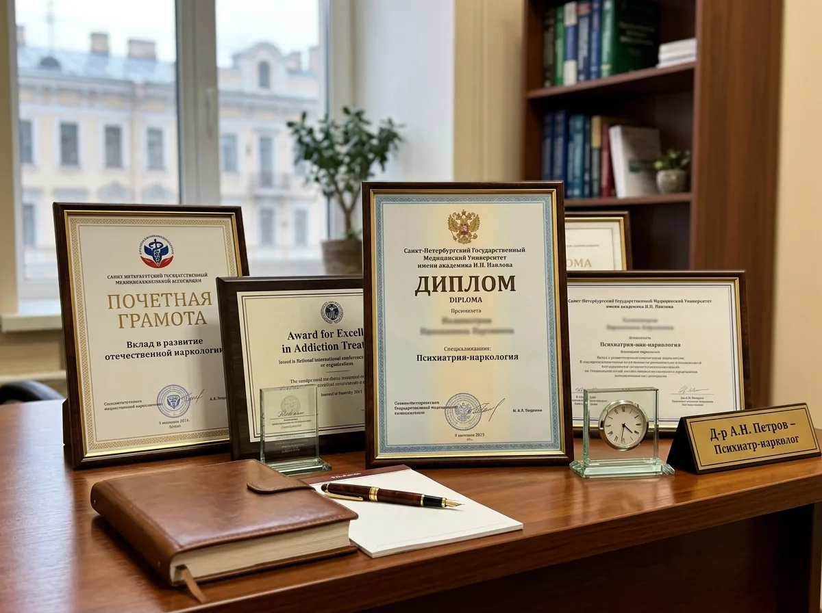 Дипломы и награды наркологической клиники СПб — несколько грамот и медицинских дипломов разложены на столе, атмосфера профессионального успеха